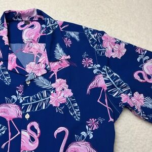 Design In Italy Button Up Shirt Men M Blue Flamingo Floral Tropical Short Sleeve